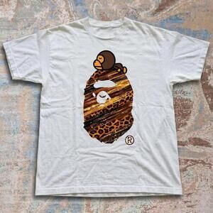 Bape White T-Shirt With Brown And Gold Leopard Print Graphic